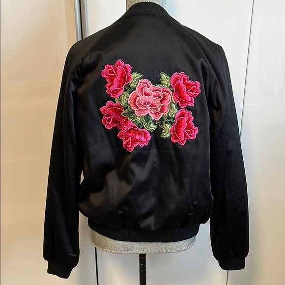 Floral Embroidered Satiny Bomber Jacket, Size M - Picture 6 of 13